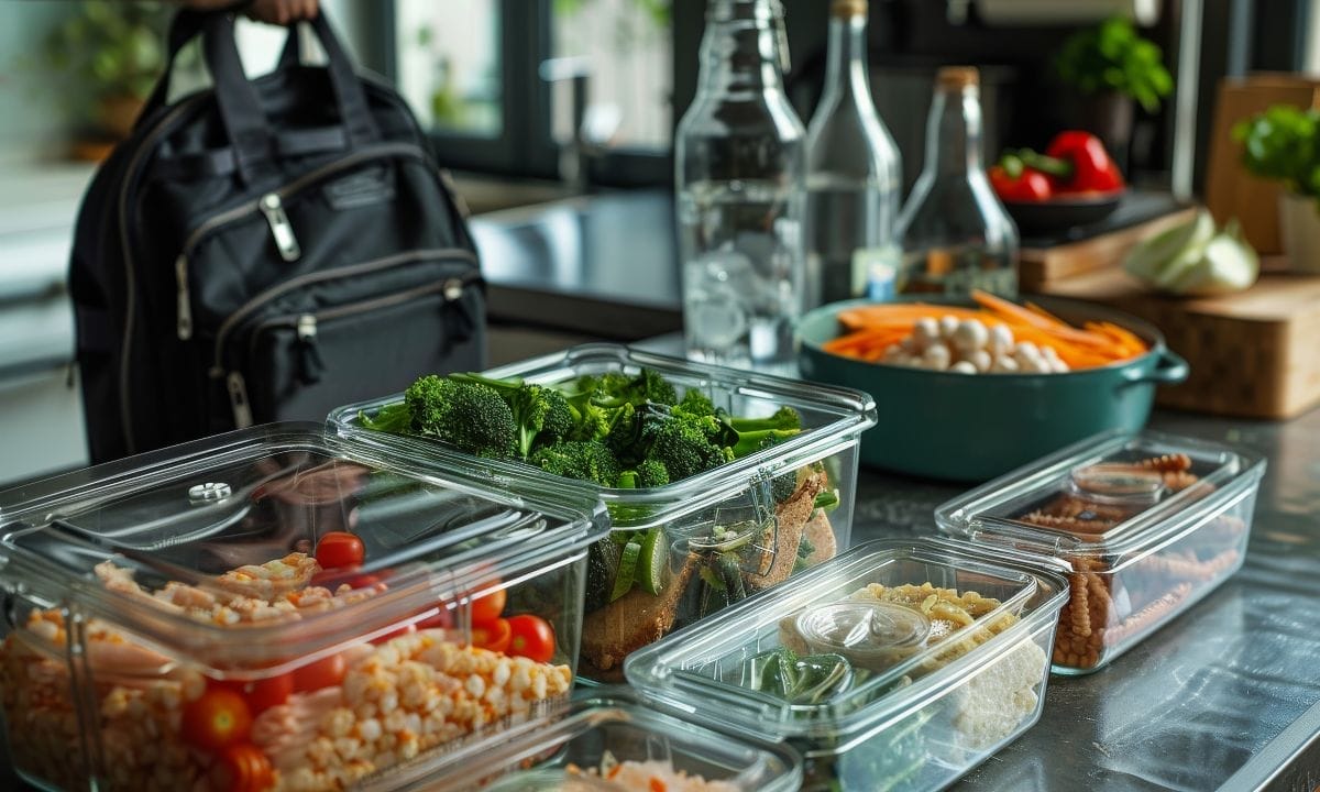 best exercise for abs - pre-portioned meals with lean proteins, whole grains, and veggies stored in glass containers